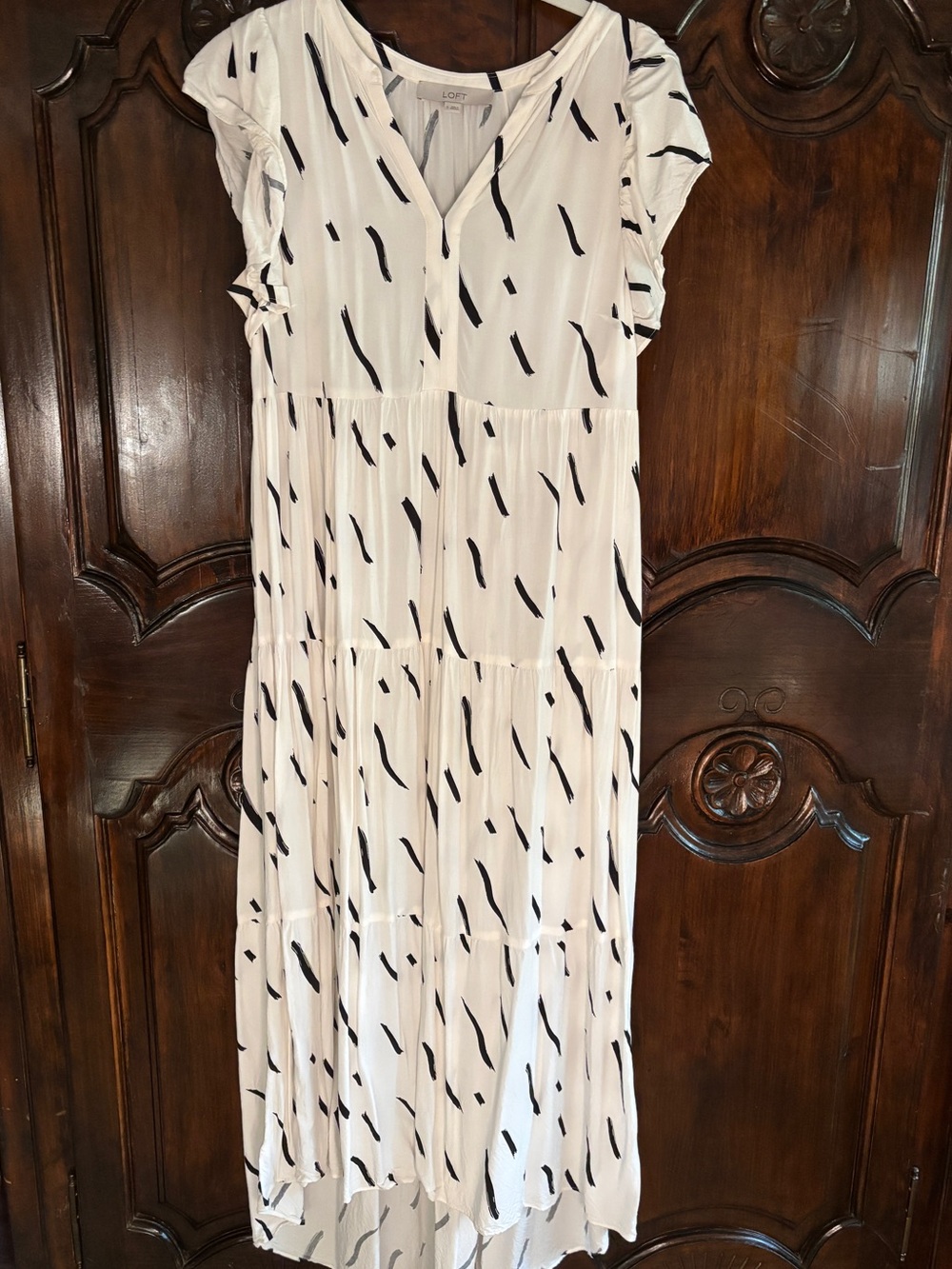 LOFT White Maxi Dress with Black Brushstroke Print